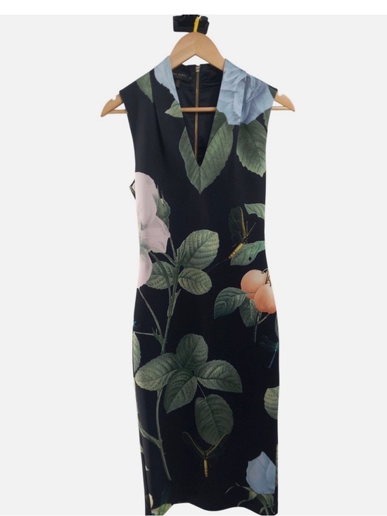Ted Baker Dresses & Skirts - Ted Baker Black Floral Sheath Dress with Green Leaves and Peach Blooms